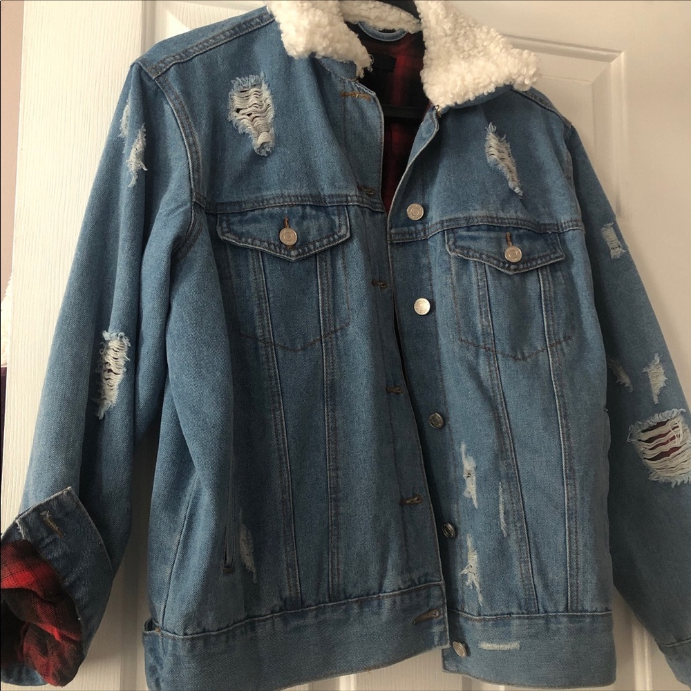 BooHoo Denim jacket with red plaid inside